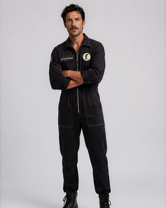 Man wearing a black jumpsuit with Foil Style patches on a white background