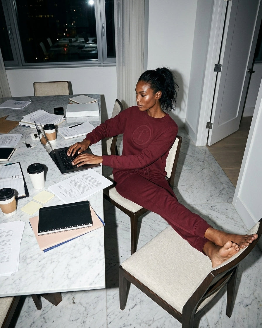 Person sitting at a table with a laptop and various items, in a room with a window showing an urban night scene.
