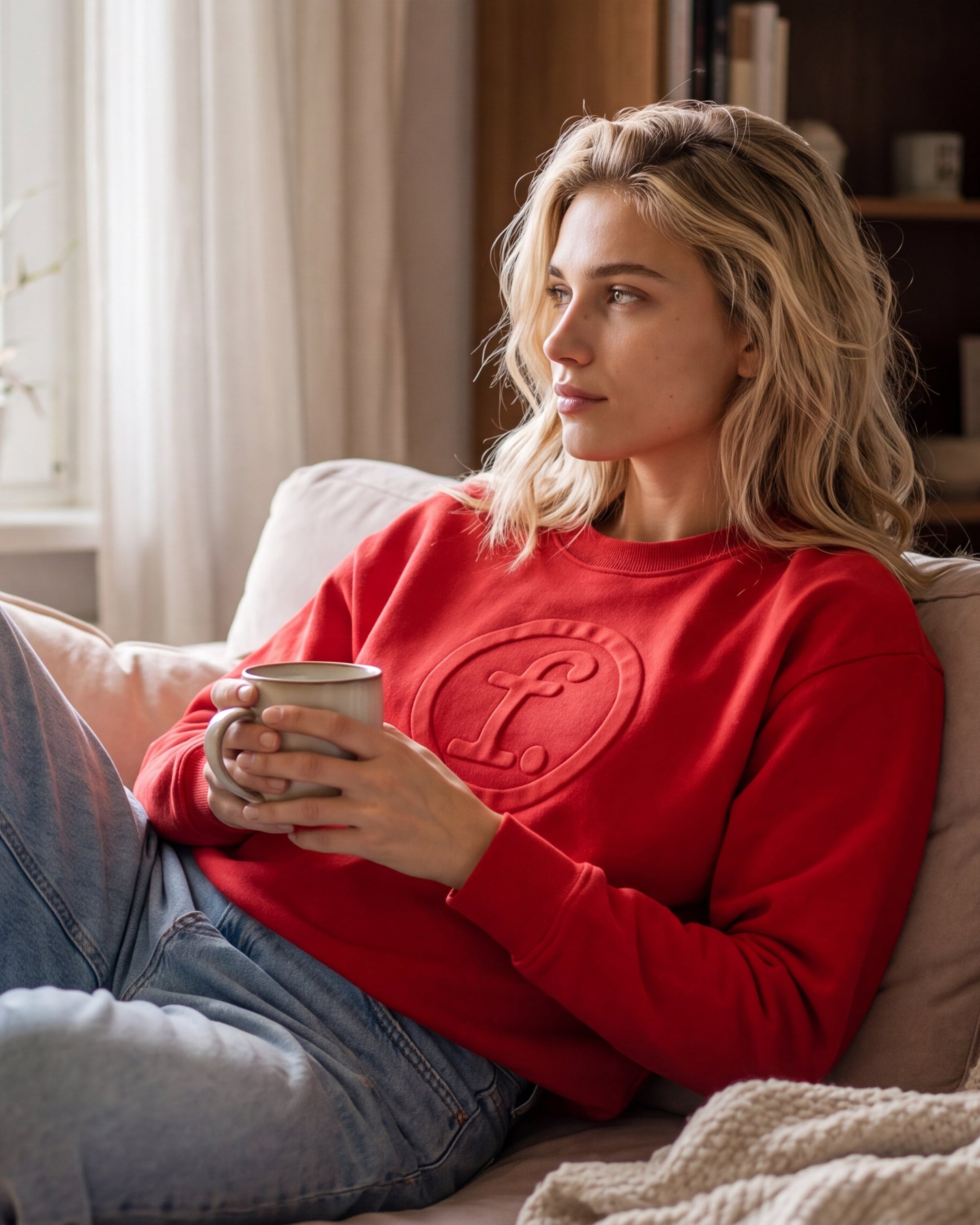 A woman sits barefoot on a beige couch in a cozy living room, wearing a red crewneck sweatshirt with a tonal circular logo and light blue jeans, holding a mug.