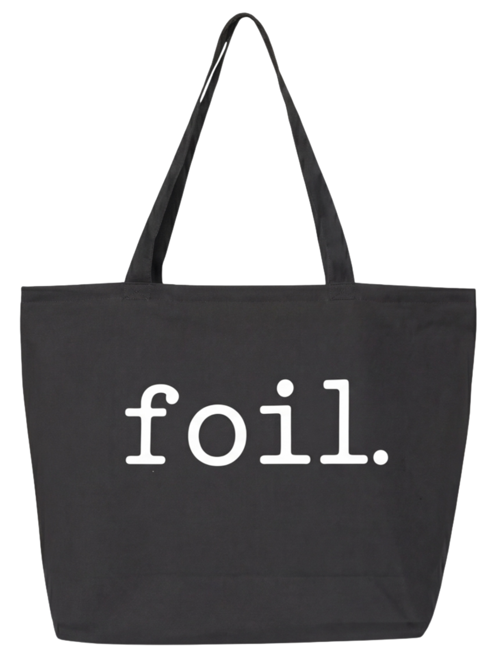 Black tote bag with 'foil.' text on a white background
