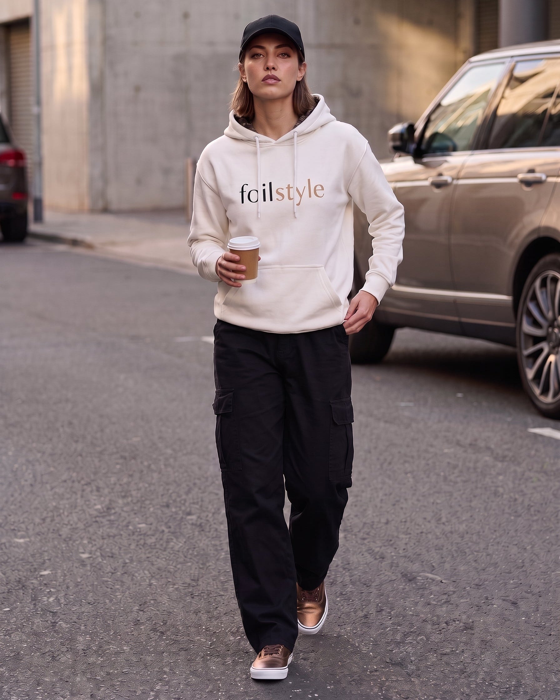 A woman walking on an urban street wearing a cream hoodie with 'foilstyle' printed on the chest, black cargo pants, a black cap, and brown sneakers, holding a coffee cup.
