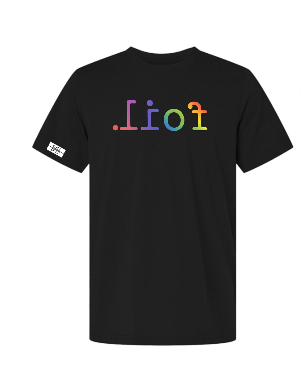 Black t-shirt with white text on a white background