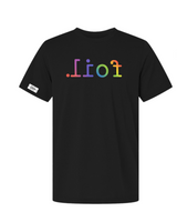 Black t-shirt with white text on a white background