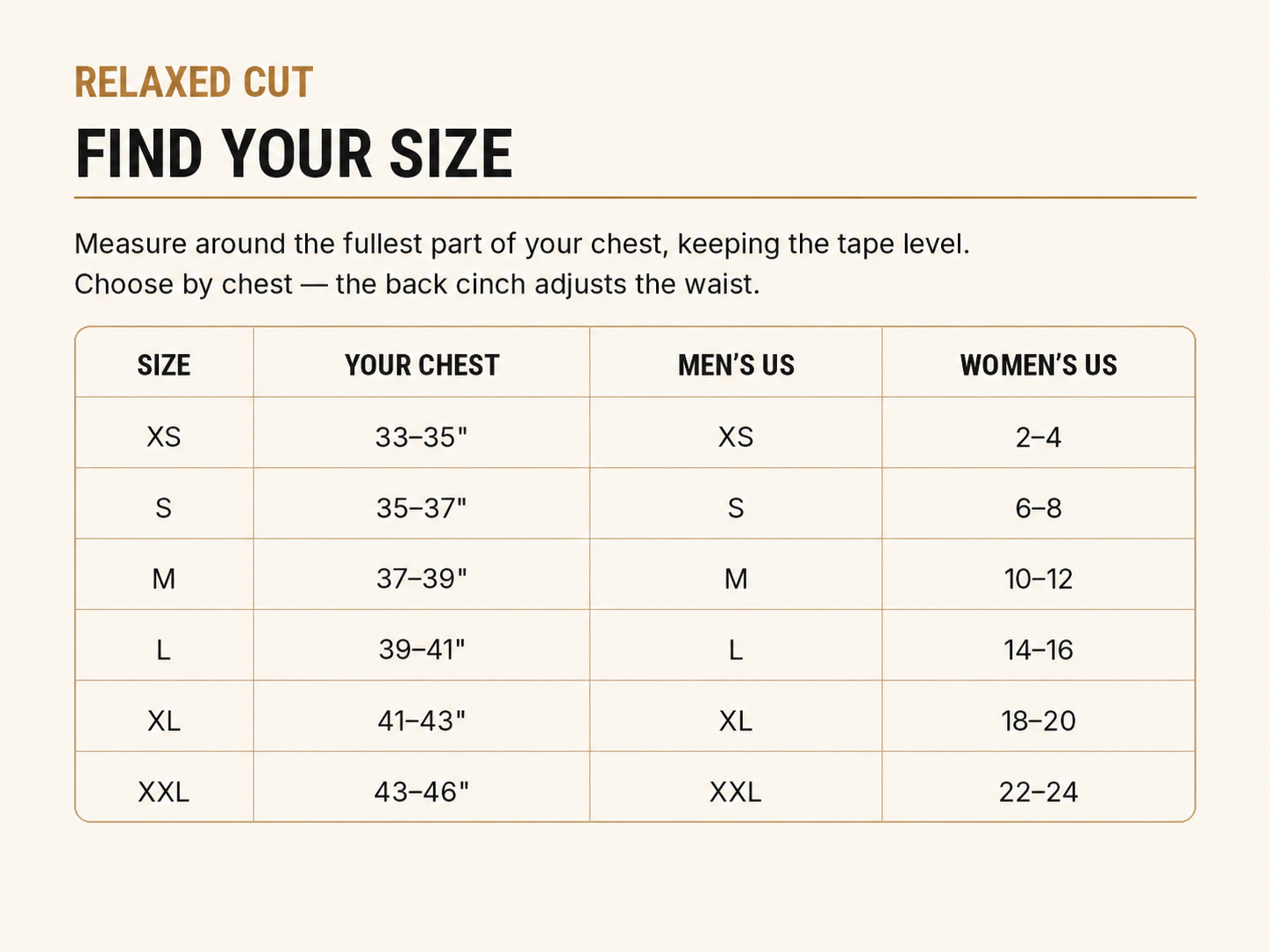Boiler Suit | Relaxed & Fitted Cuts — Relaxed Cut find your size chart