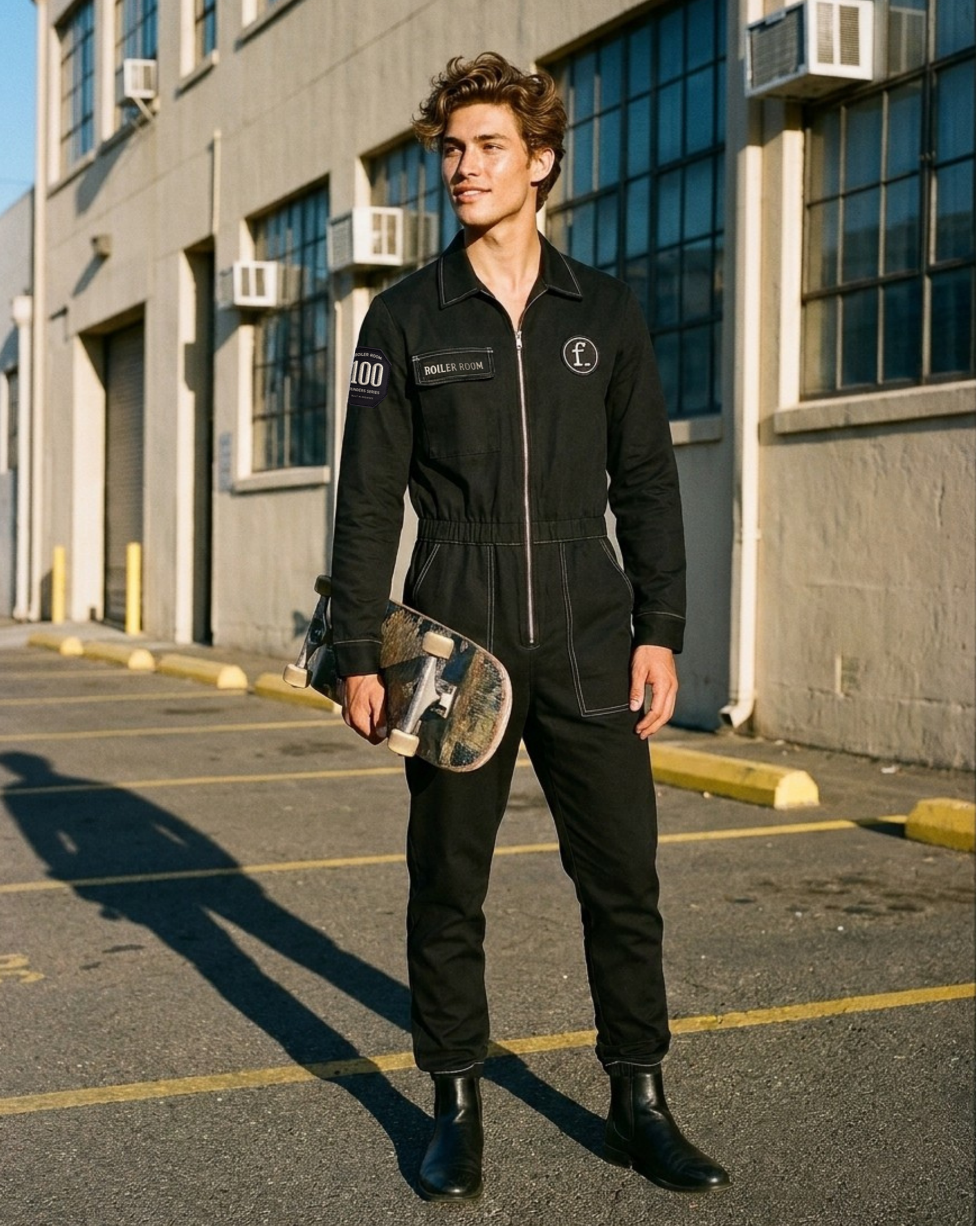 Man in black boiler suit holding a skateboard standing in front of a building.