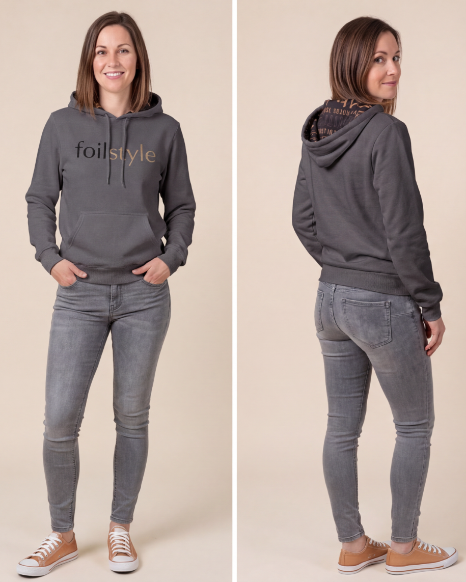A woman modeling a dark gray hoodie with 'foistyle' printed on the chest, paired with gray skinny jeans and brown sneakers, shown in front and back views against a solid beige background.