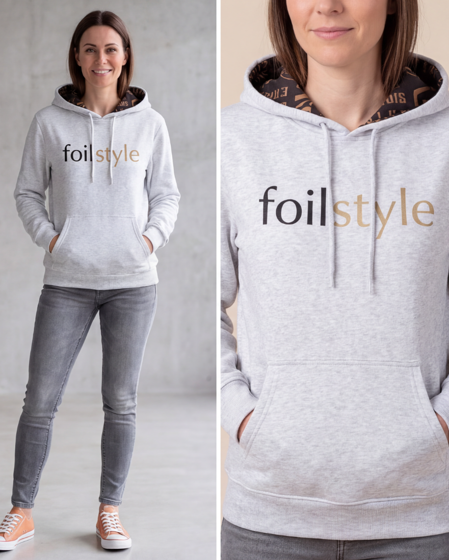 A woman wearing a light heather gray hoodie with 'foilstyle' printed across the chest in black and metallic gold. The image is a split-screen composite showing a full-body view on the left and a close-up of the chest print on the right.