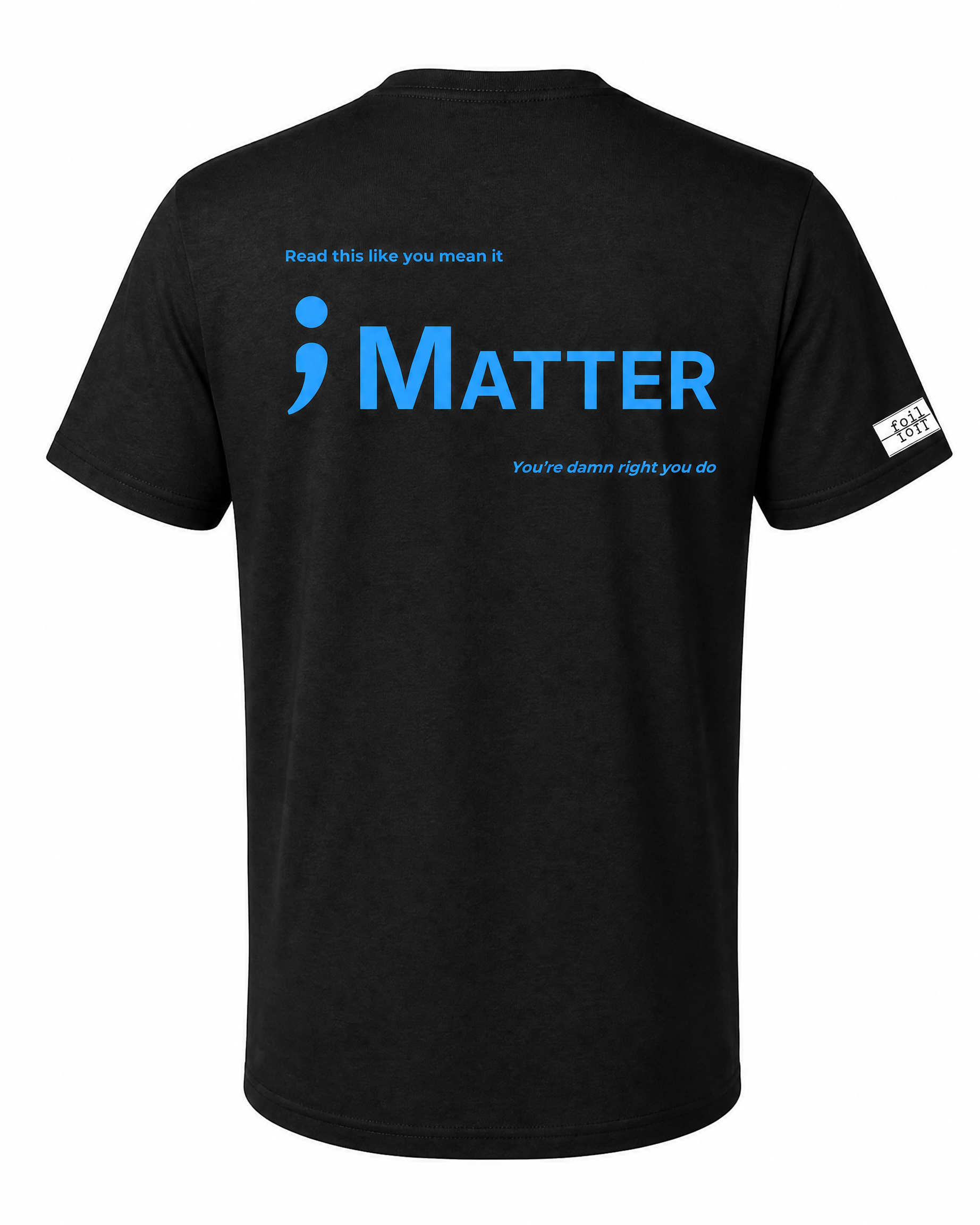 Black t-shirt with blue text on the back on a white background