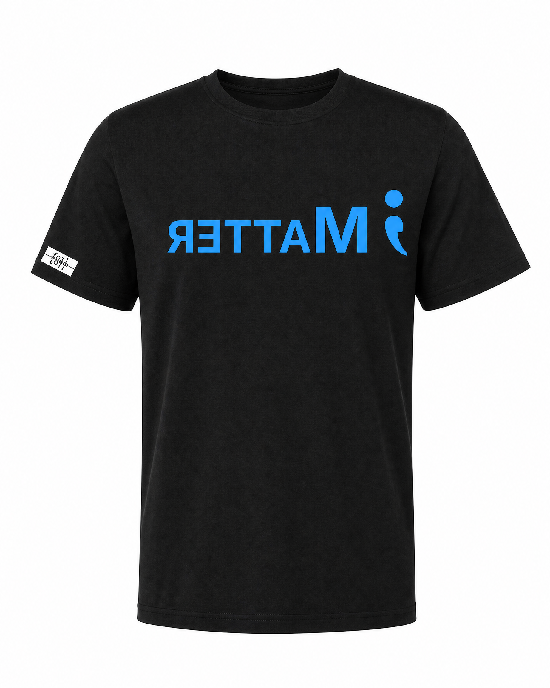 Black t-shirt with blue ';MATTER' logo on a white background